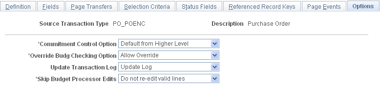 Source Transactions - Options page