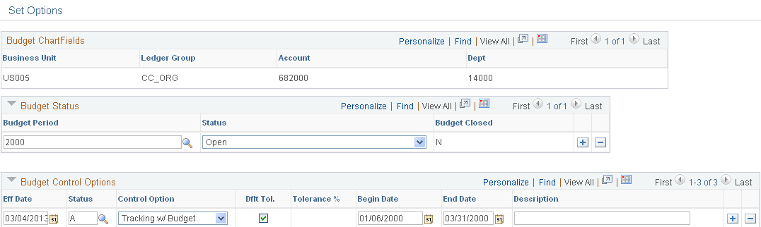 Set Options page