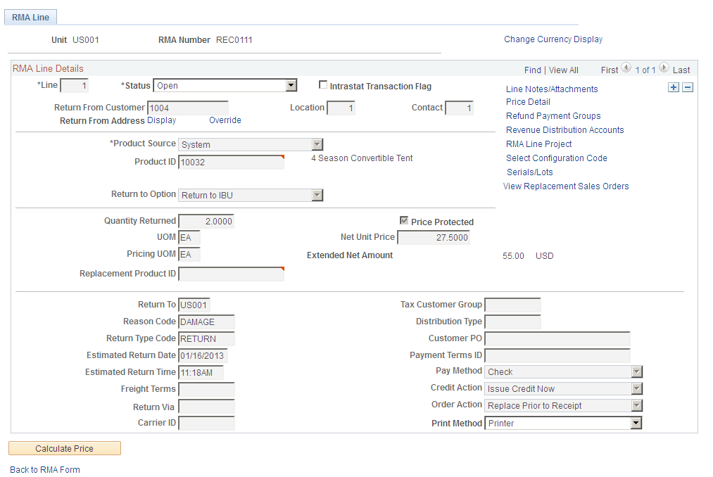 RMA Line page