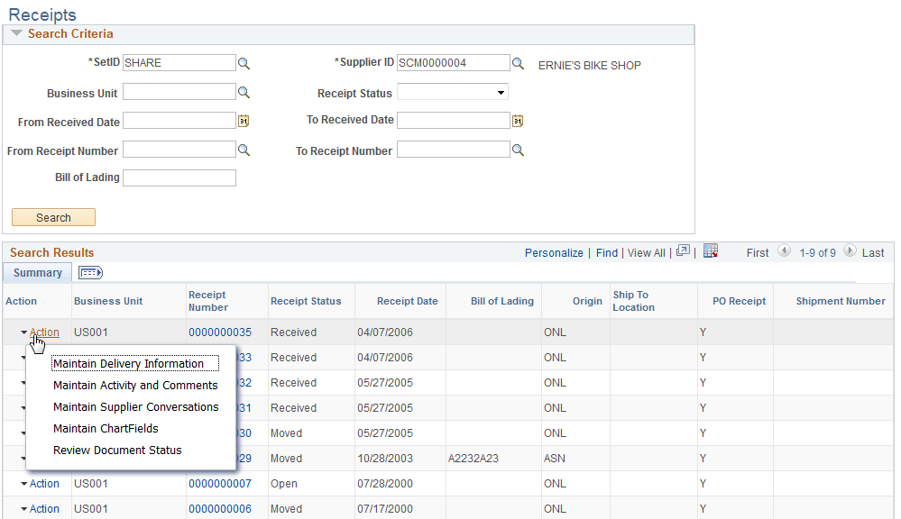 Receipts page