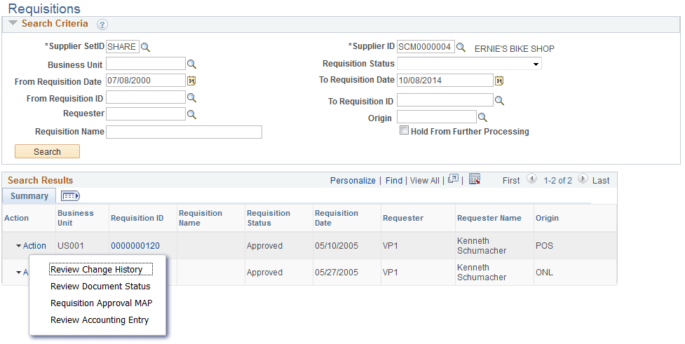Requisitions page