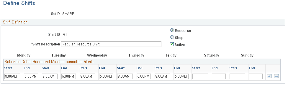 Define Shifts page