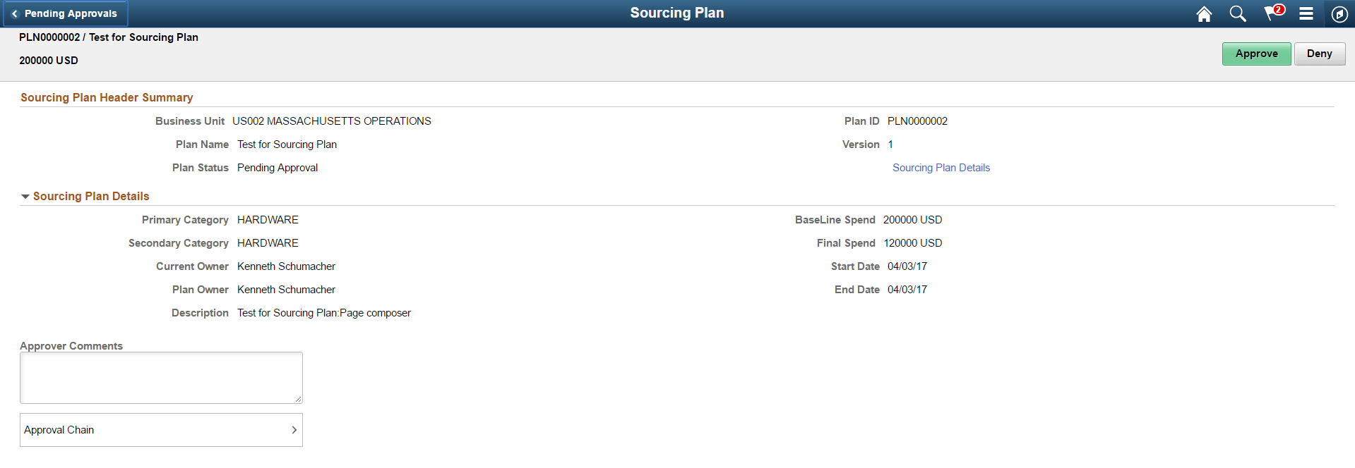 Sourcing Plans page