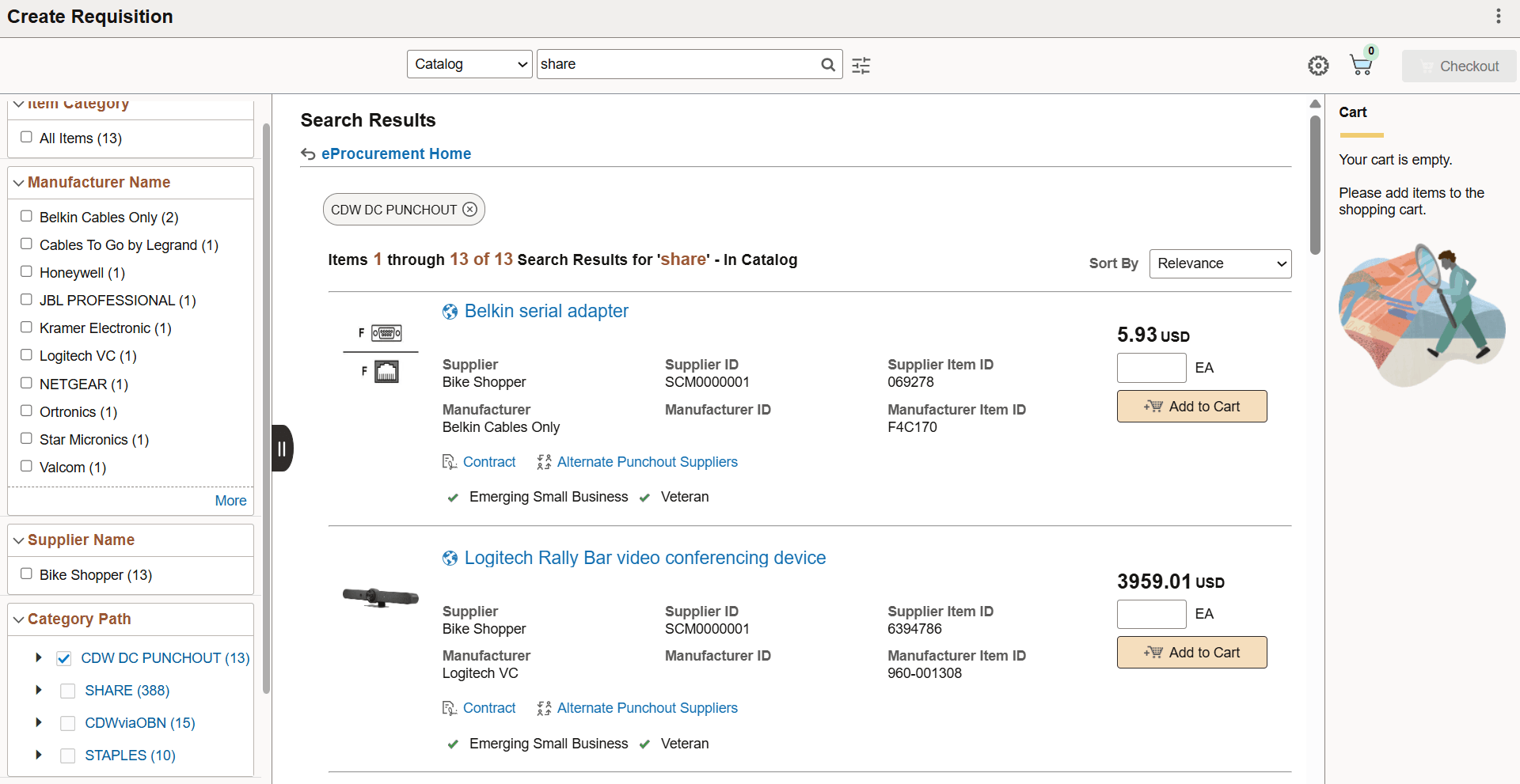 Create Requisition Search Results with External Catalogs