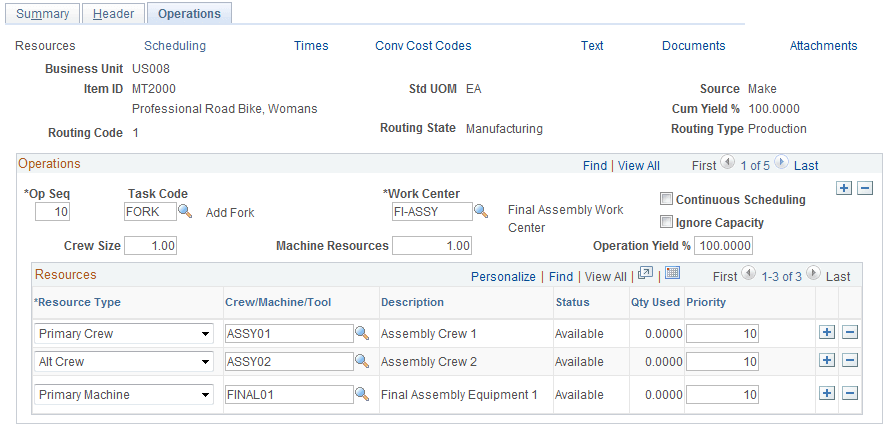 Define Routings - Operations: Resources page