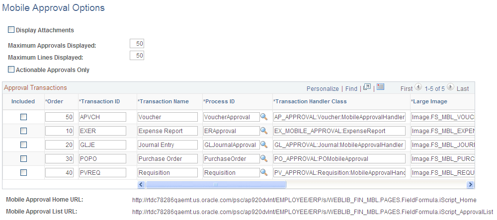 Mobile Approval Options page