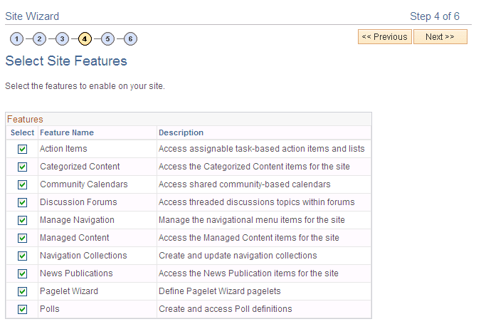 Site Wizard - Select Site Features page