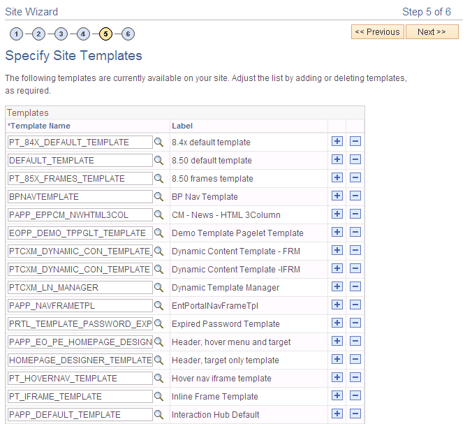 Site Wizard - Specify Site Templates page