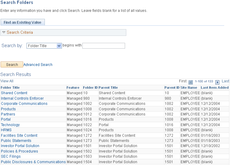 Search Folders page