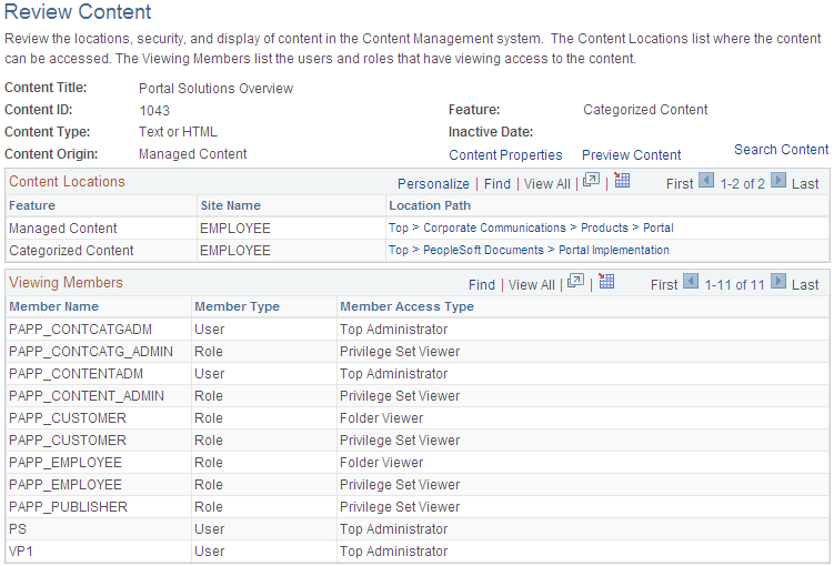 Review Content page: Categorized Content