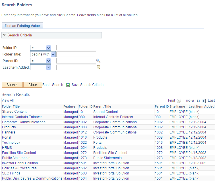 Search Folders page