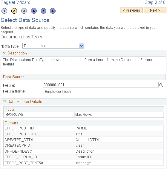 Pagelet Wizard - Select Data Source page (discussions data type)