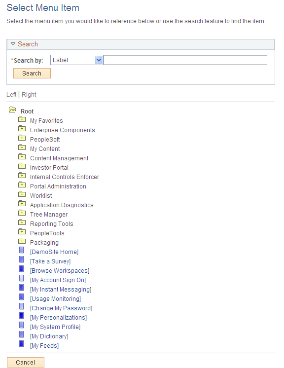 Select Menu Item page