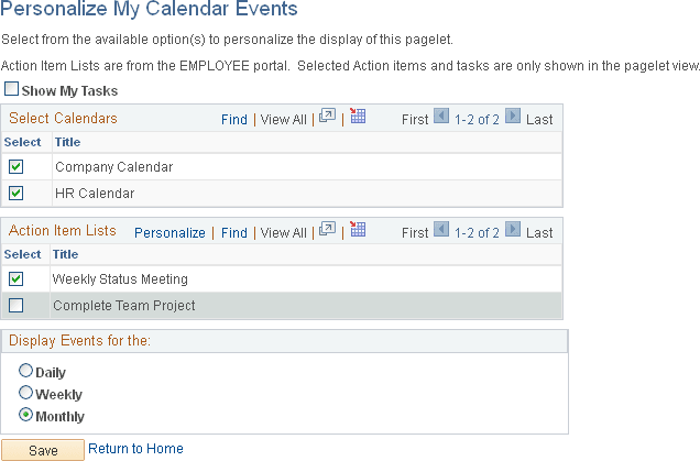 Personalize My Calendar Events page