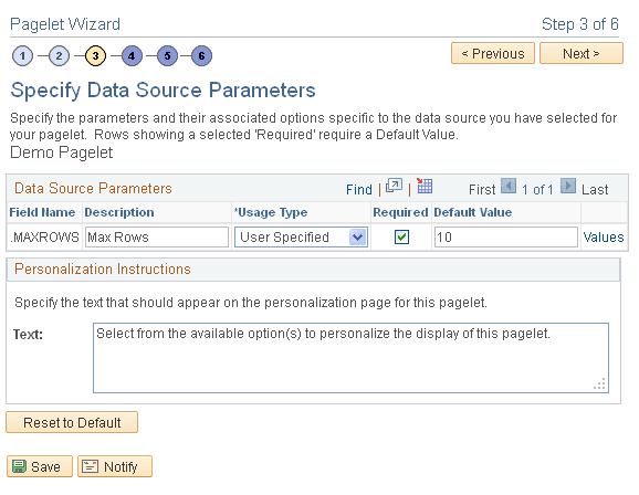 Pagelet Wizard - Specify Data Source Parameters page (discussions data source)