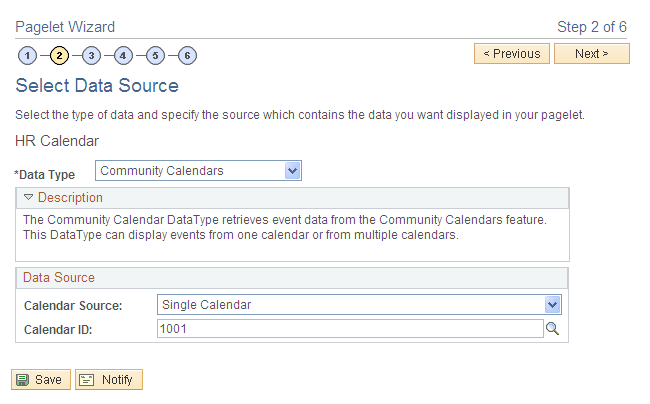 Pagelet Wizard - Select Data Source page (community calendars data type)