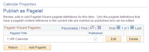 Calendar Properties - Publish as Pagelet page
