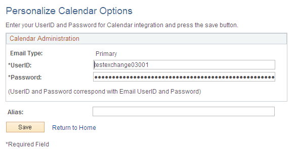 Personalize Calendar Options page