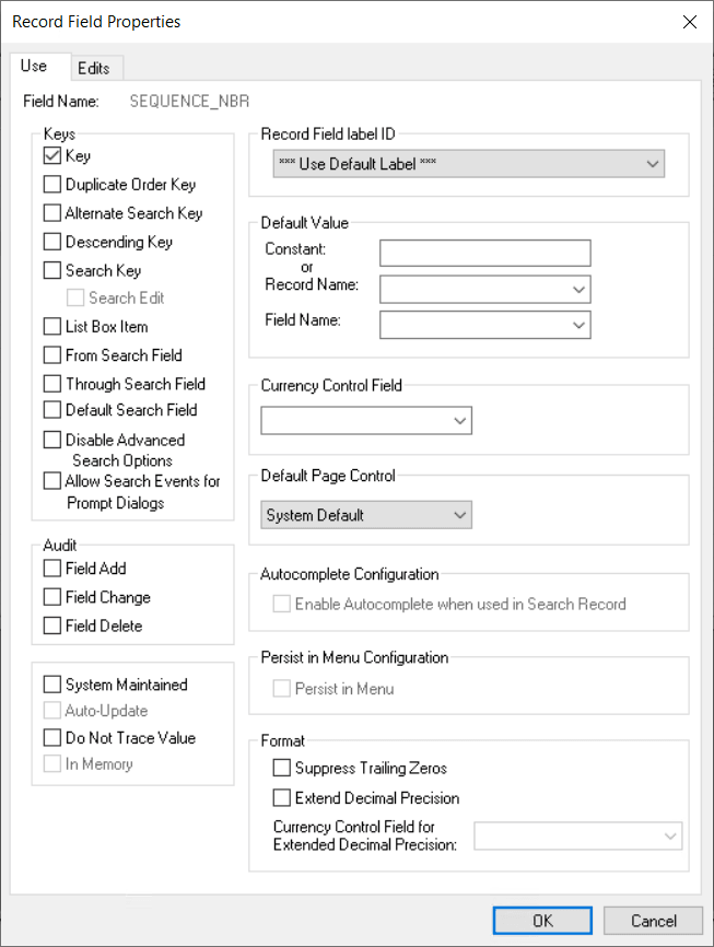Record Field Properties dialog box: Use tab