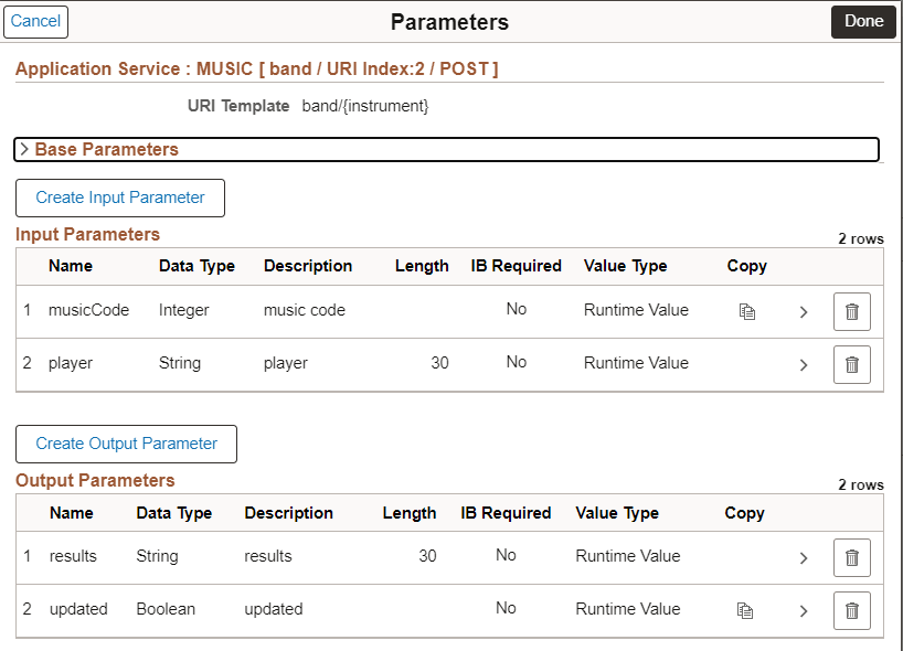 Parameter page showing input and output parameters