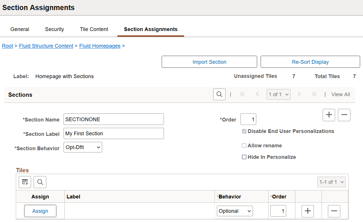Section Assignments page