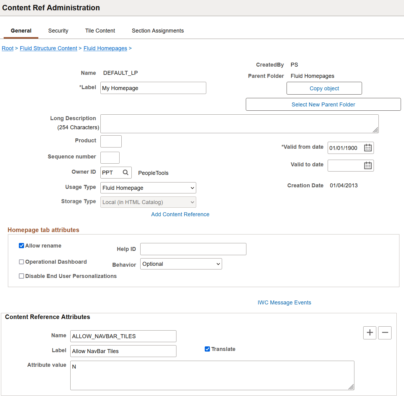 Content Ref Administration page for a fluid homepage definition