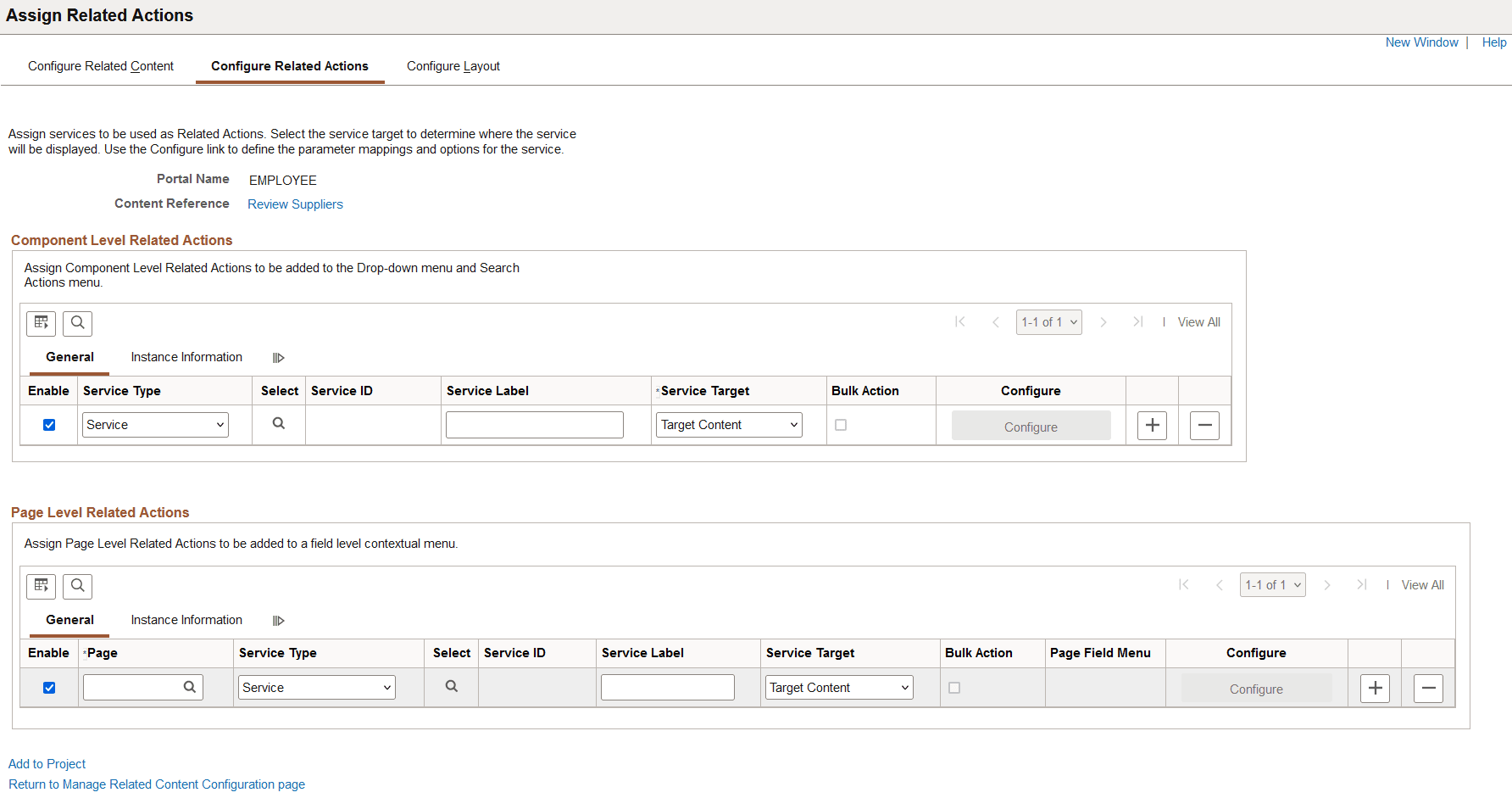 Configure Related Actions page for a content reference