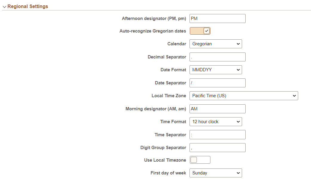 My Preferences - General Settings - Regional Settings