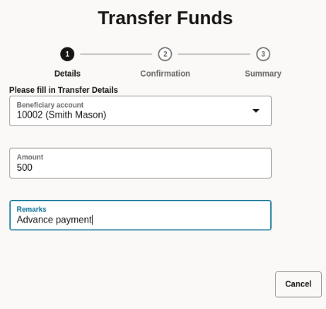 資金送金 - 詳細ダイアログ・ボックス 資金送金 - 詳細ダイアログ・ボックス