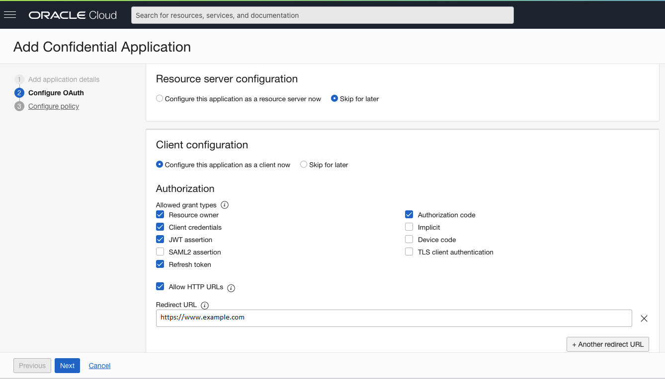 「OAuthの構成」ペインで選択されているオプション 「OAuthの構成」ペインで選択されているオプション