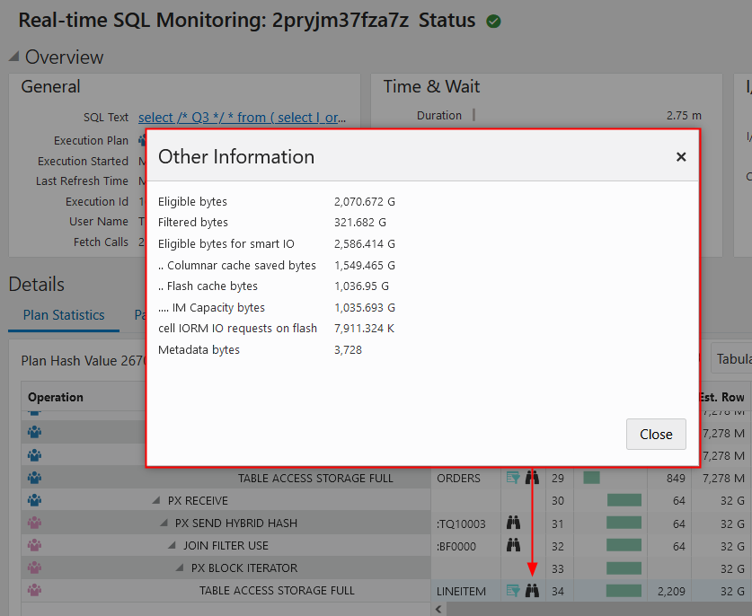 この画像は、SQLモニターによって提供されるスマートI/O行ソース統計の例を示しています。 この画像は、SQLモニターによって提供されるスマートI/O行ソース統計の例を示しています。