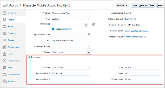 デフォルトの「住所」セクションが強調表示された 「アカウントの編集」ページの「プロファイル」タブ