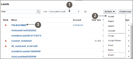 「処理」メニューが開かれた「リード」作業領域のリスト・ページの一部のスクリーン・キャプチャ。 コールアウトは、テキストで説明する主な機能の場所を強調表示しています。 