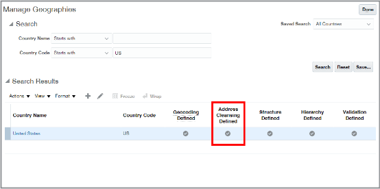 「住所クレンジング定義済」列の「タスクに進む」アイコンが 強調表示されているアメリカ合衆国のレコードを表示している 「地理の管理」ページ