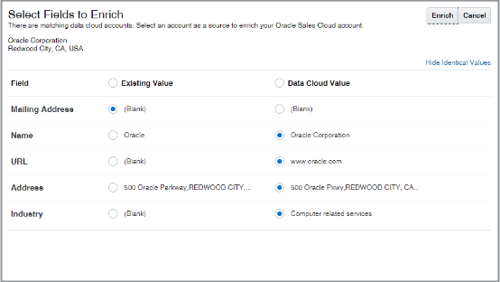 既存のフィールドおよび新しい値を示すサンプル・アカウントの 「エンリッチするフィールドの選択」ページ。