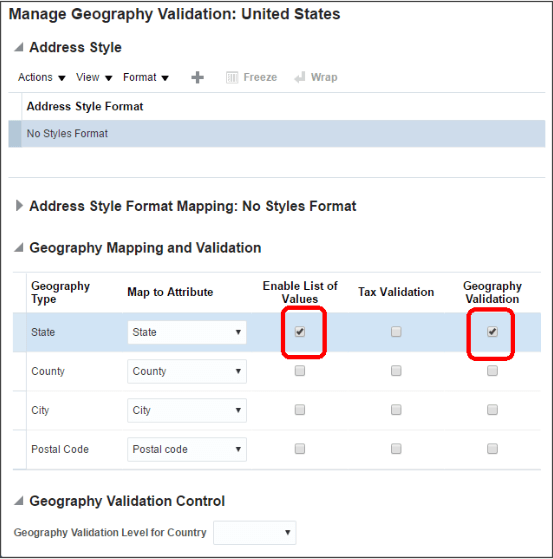 アメリカの州の「値リスト使用可能」列および「地理検証」列で選択したオプションの場所を強調表示した地理検証の管理: アメリカ合衆国ページのスクリーン・キャプチャ。