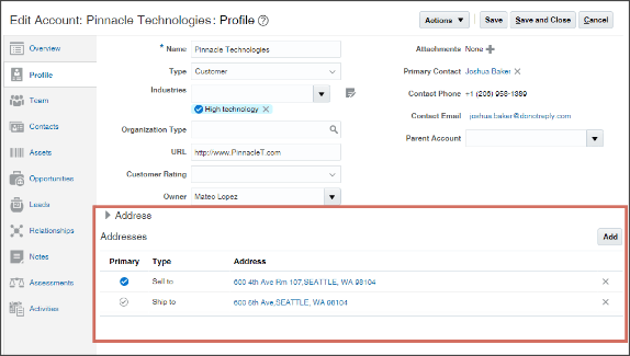 「住所」セクションが強調表示された 「アカウントの編集」ページの「プロファイル」タブ