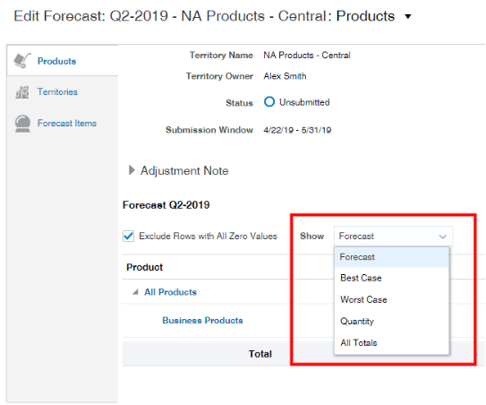 「表示」リストに表示される予測のリストを強調表示した 「製品」タブのスクリーンショット。 このリストは本文で 説明されています 