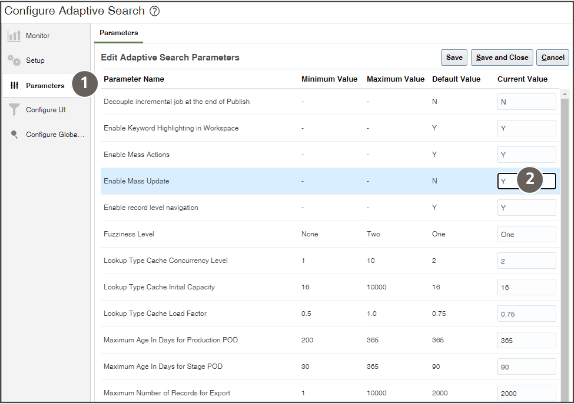 「パラメータ」タブが選択された 「適応型検索の構成」ページ