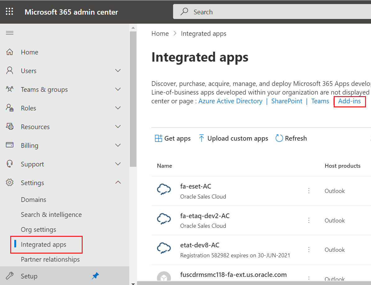 「統合アプリ」ページで「アドイン」をクリックし、Oracle Microsoft 365アドインを選択します。