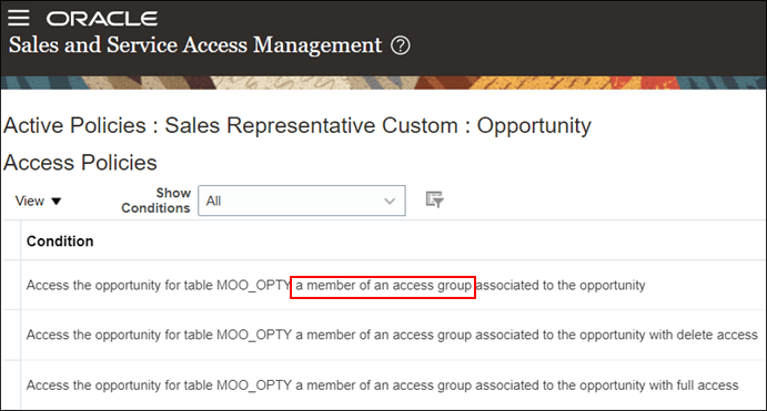 アクセス・グループへのアクセス権を付与するデータ・セキュリティ・ポリシーを示すスクリーンショット。