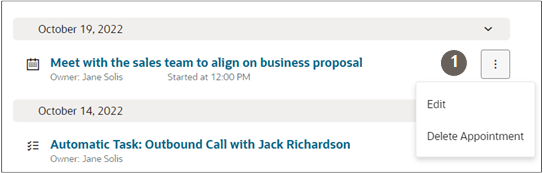 「処理」メニューが表示された「アクティビティ」ページの詳細