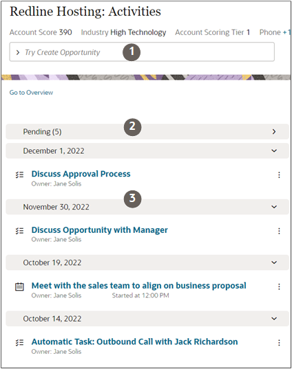「アクティビティ」ページ