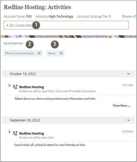 フィルタおよびキーワード検索を使用した「アクティビティ」ページ