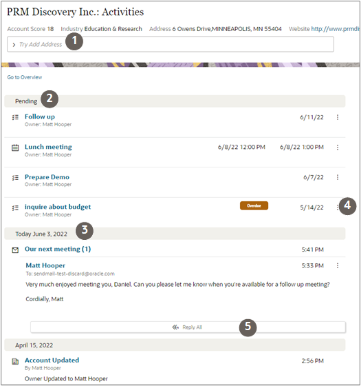 「アクティビティ」ページのスクリーンショット