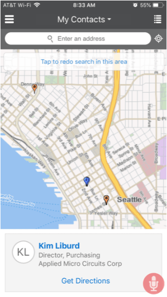 現在のロケーションから特定の半径距離内のアカウントおよび担当者のロケーションを示すマップを表示します。