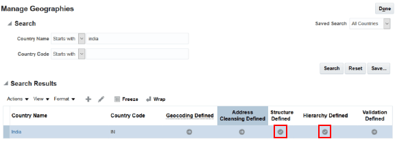 「体系定義済」列と「階層定義済」列に チェック・マークが表示された「地理の管理」ページ。
