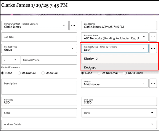 「製品グループ- テリトリによるフィルタ」フィールドが強調表示されたリード・プライマリ製品の詳細を示すサンプル・スクリーンショット