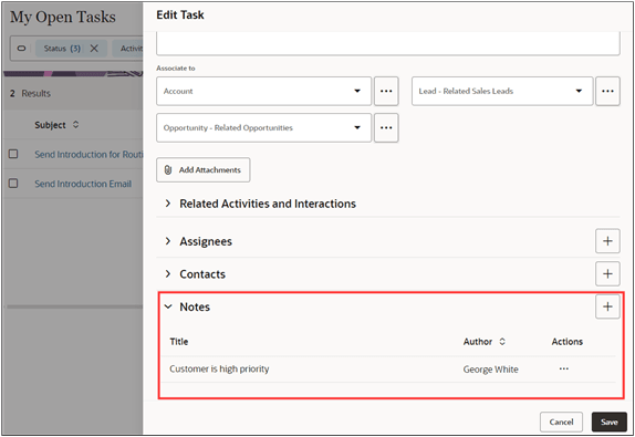 Redwoodユーザー・エクスペリエンスの営業の「タスクの編集」ページのノート・セクションを示すスクリーンショット。
