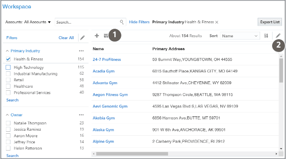 「列の編集」アイコンおよび「別名保存」アイコンが強調表示されたコールアウトを含むワークスペース